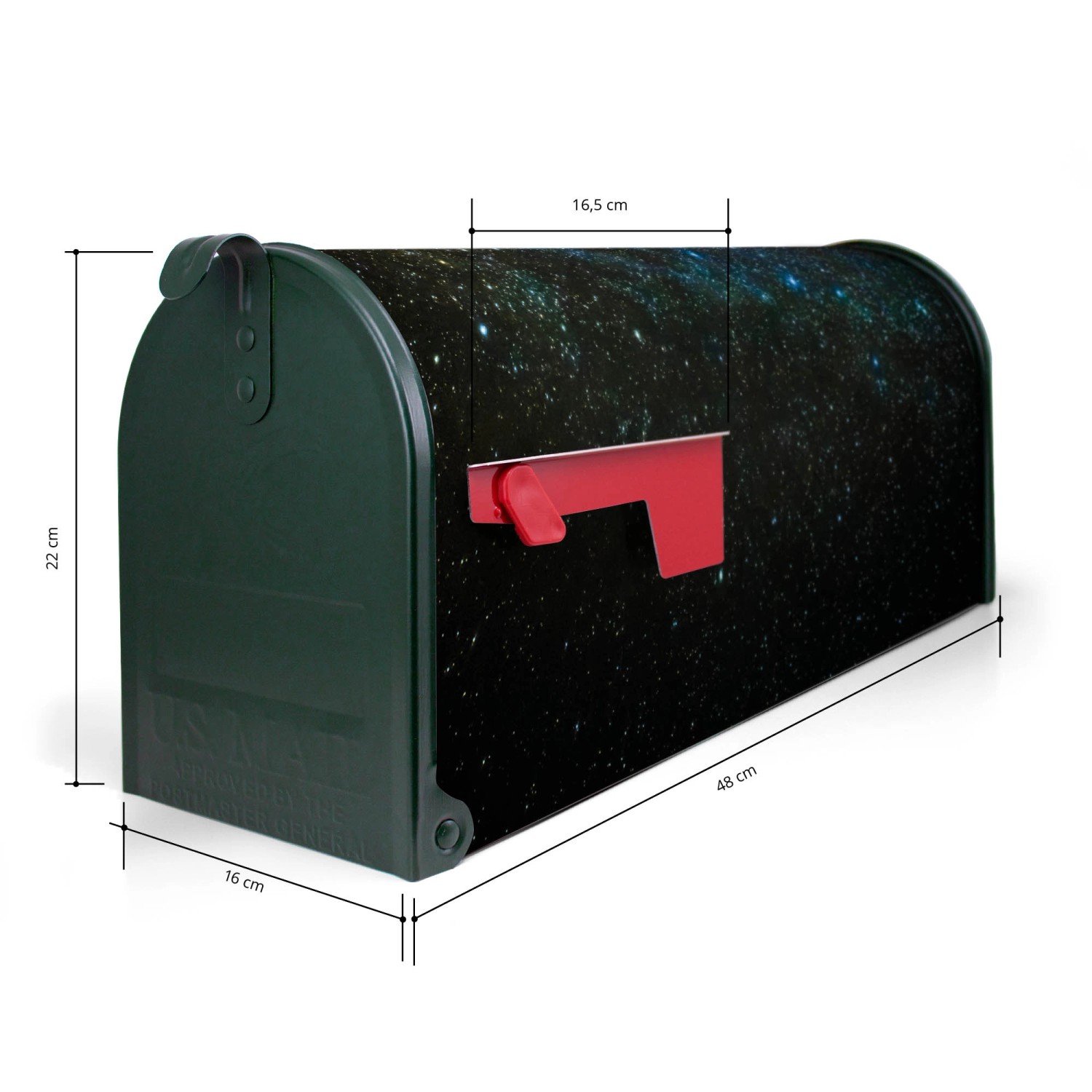 Grüner Banjado US Briefkasten mit Nachthimmel Motiv und roter Fahne, Maße 48x22x16cm.