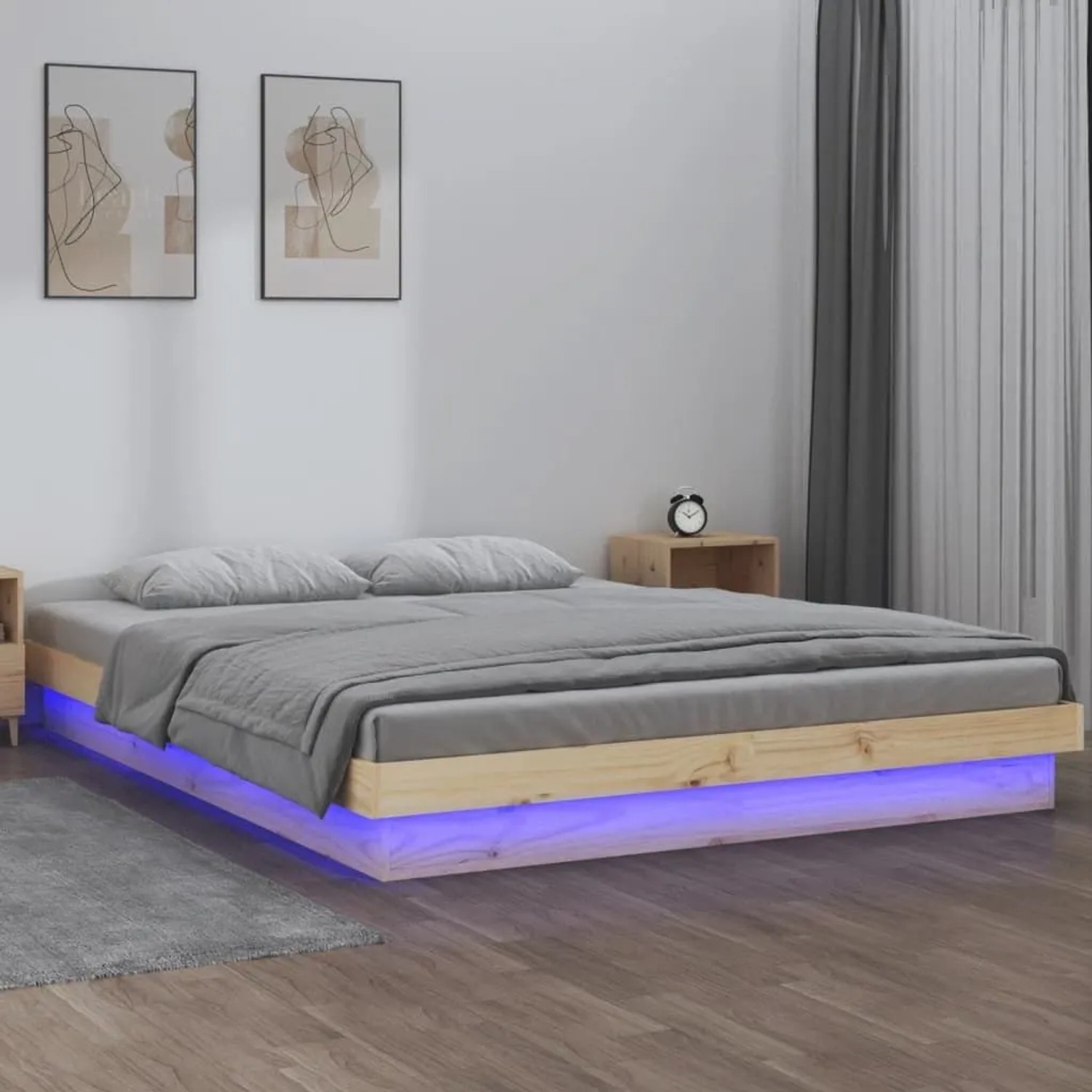 vidaXL Massivholzbett mit LED, 120x200 cm. Kiefernholz Bettgestell mit blauer Beleuchtung.