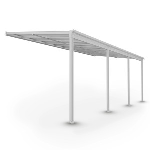 Weißes Juskys Terrassendach Borneo 6x3m aus Aluminium mit transparenten Doppelstegplatten.