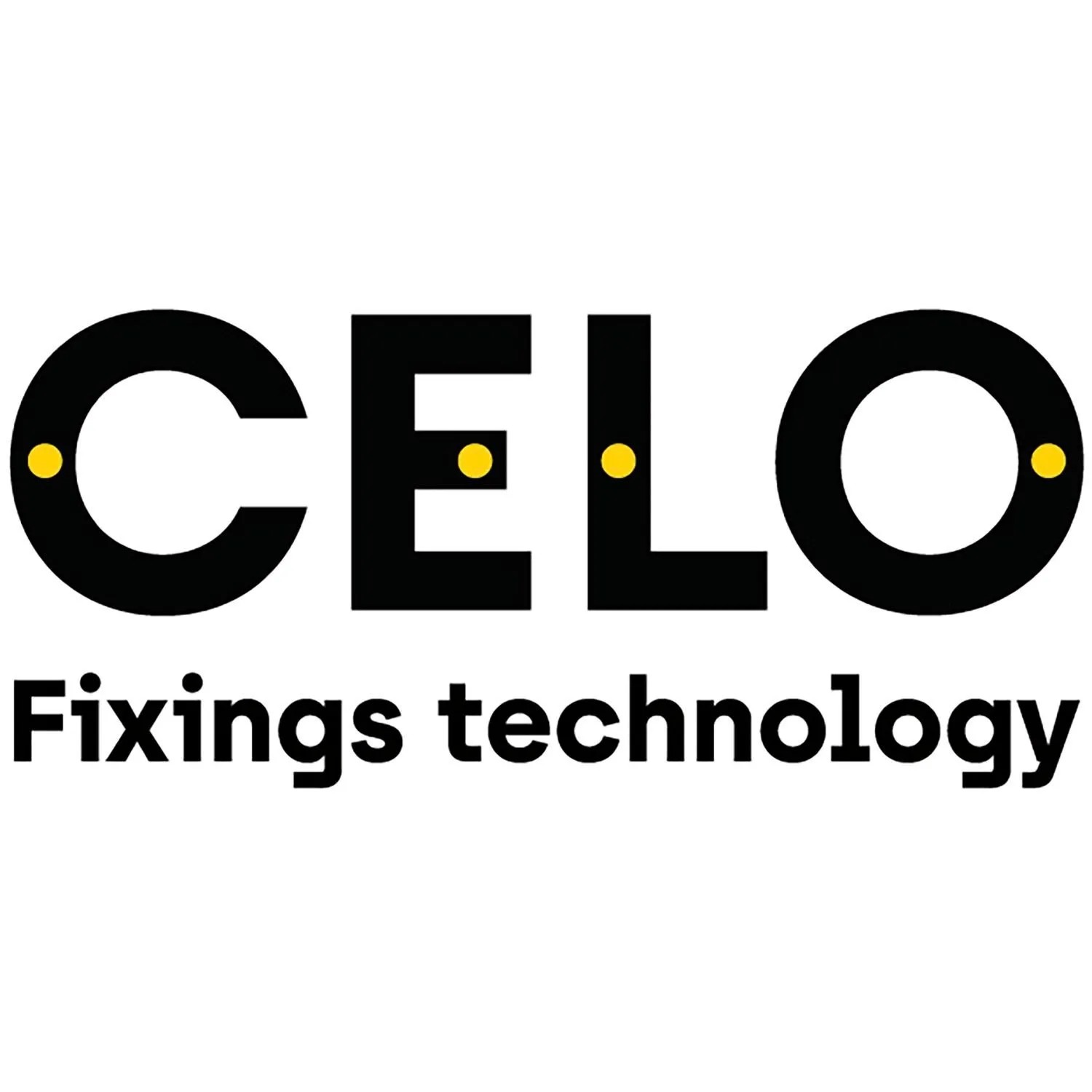 Celo Fixings technology Logo: Schwarzer Schriftzug mit gelben Punkten auf weißem Grund. Marke für Ankerstangen.