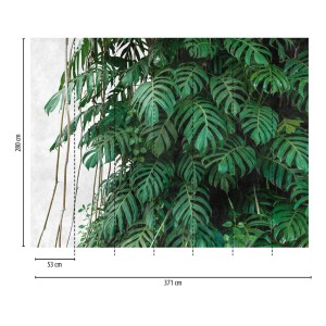 Moderne Vliestapete mit Monstera- und Palmenblättern in Grün und Weiß für tropisches Dschungel-Flair.