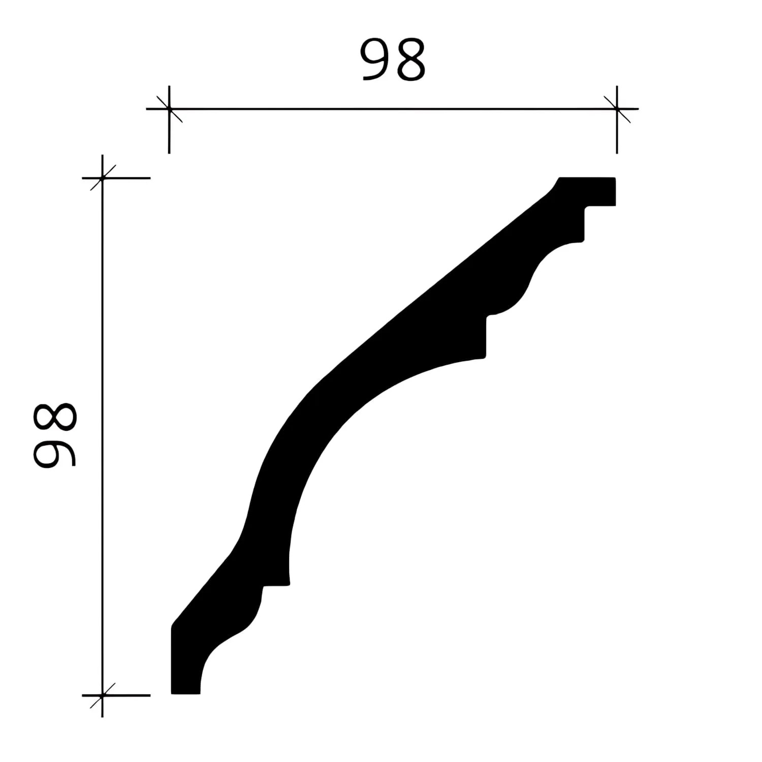 Detailzeichnung PROFHOME Eckleiste 150139, 98x98 mm, Stuckleiste, weiß, für Innen- und Außenbereich.