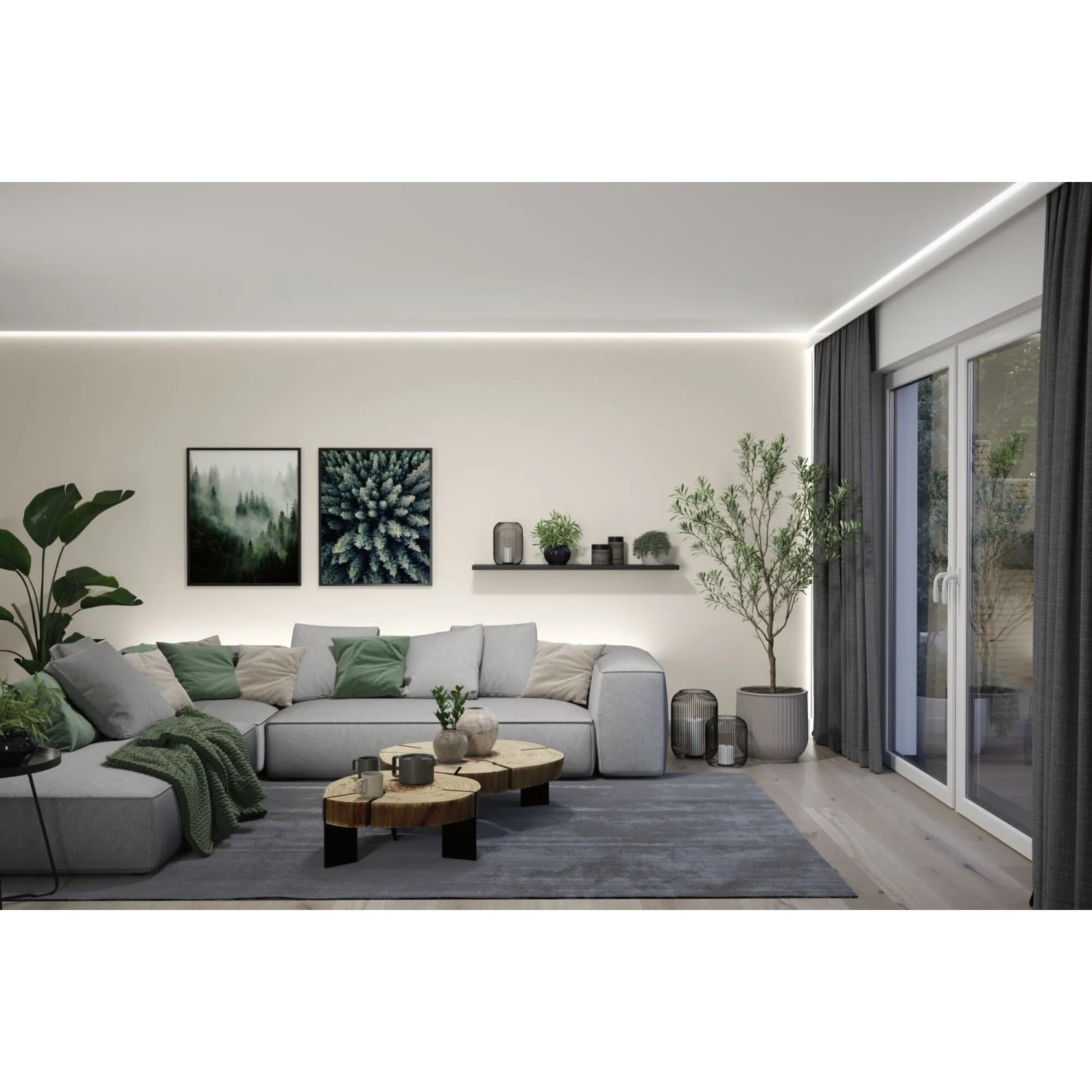 Modernes Wohnzimmer mit Paulmann LED-Strip MaxLED 1000 Neutralweiß als indirekte Decken- und Sofabeleuchtung.