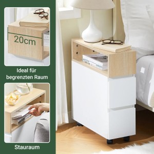 SoBuy Schmaler Beistelltisch mit 2 Schubladen Nachttisch mit Rollen FBT155-WN