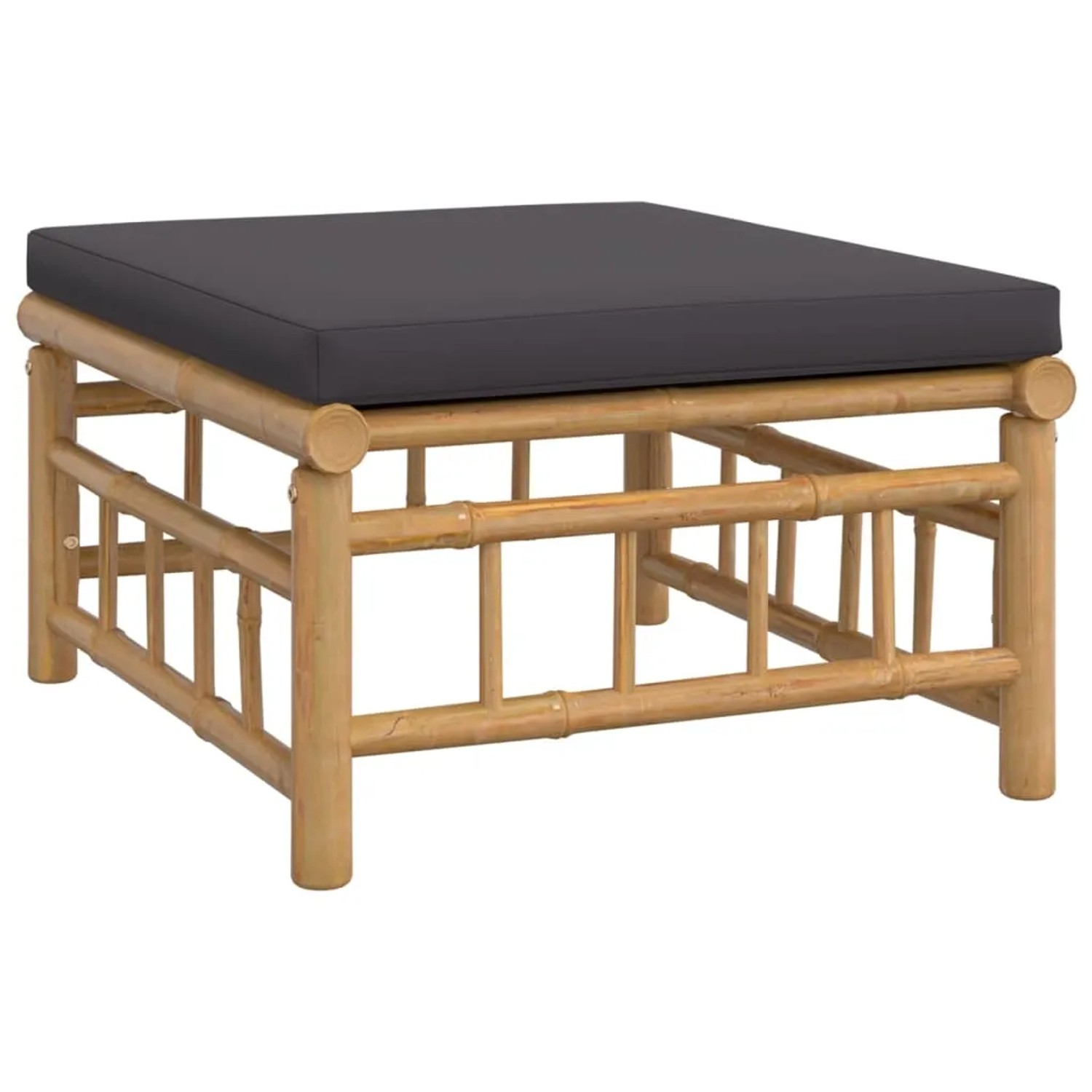 Fußhocker aus Bambus mit dunkelgrauem Kissen, Teil des vidaXL Garten-Lounge-Sets.