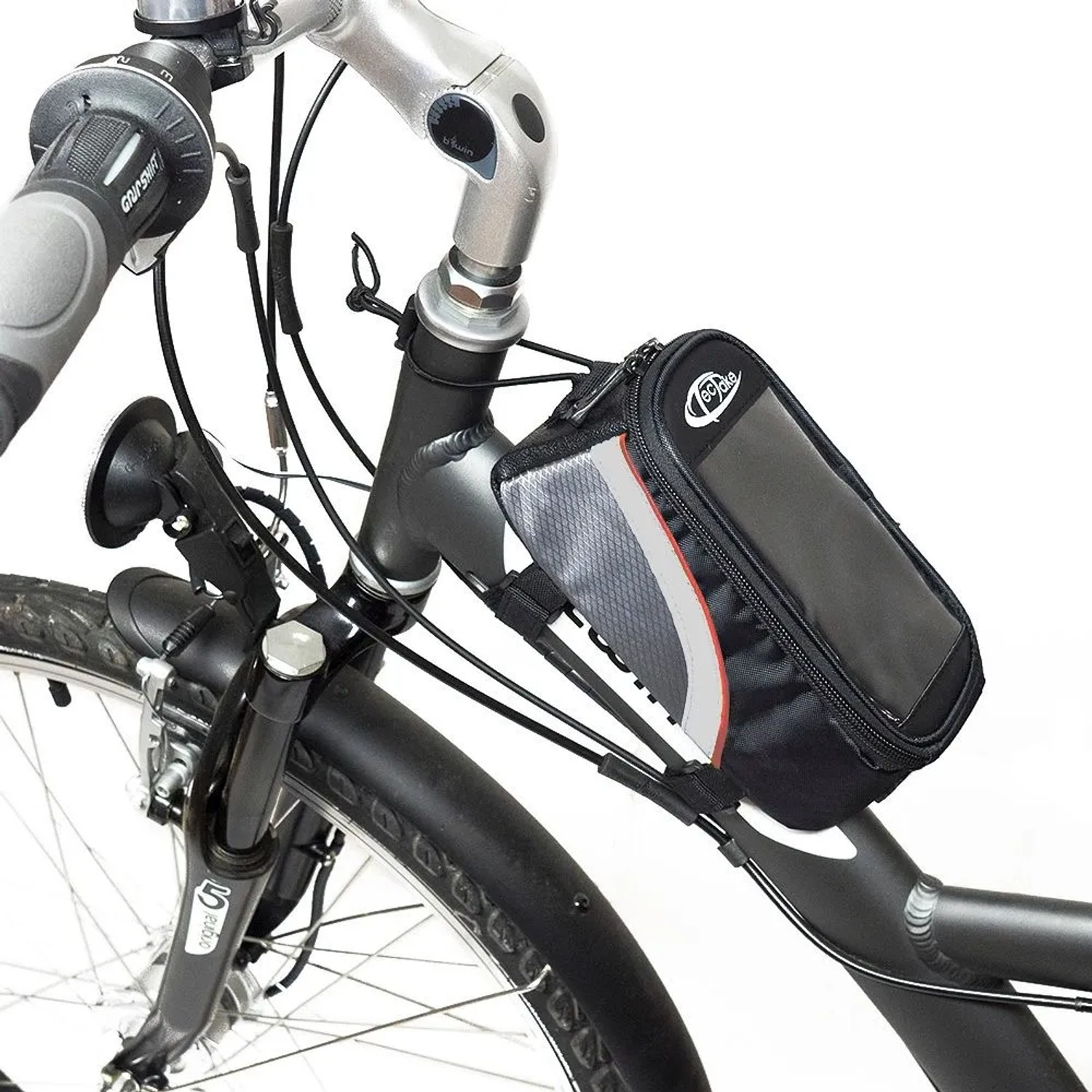 Tectake Fahrradtasche am Fahrradrahmen, wasserabweisend, schwarz, grau, rot.