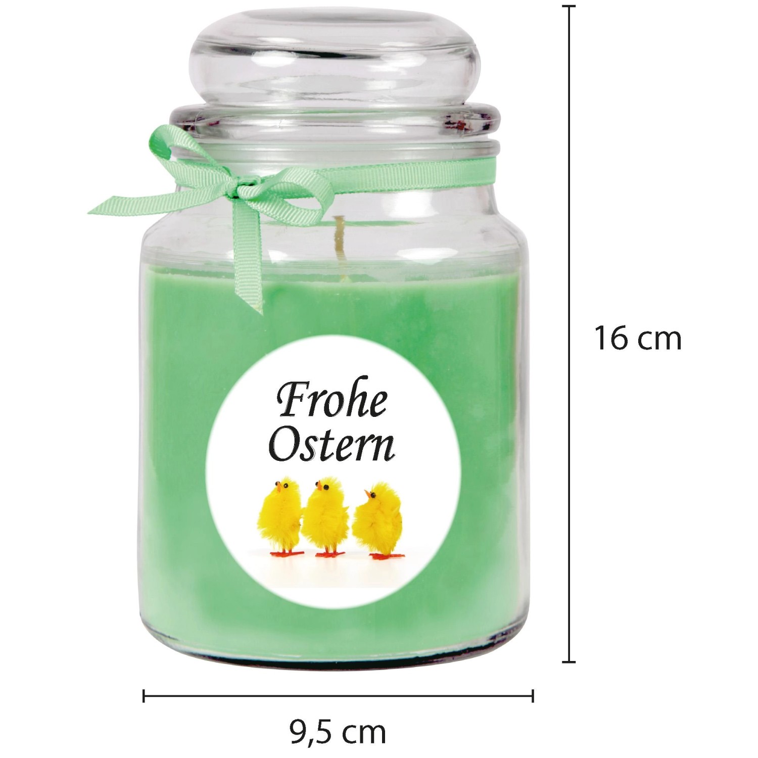 Grüne Duftkerze im Glas mit Küken-Motiv "Frohe Ostern", Ø10cm. Coconut Limes Duft.