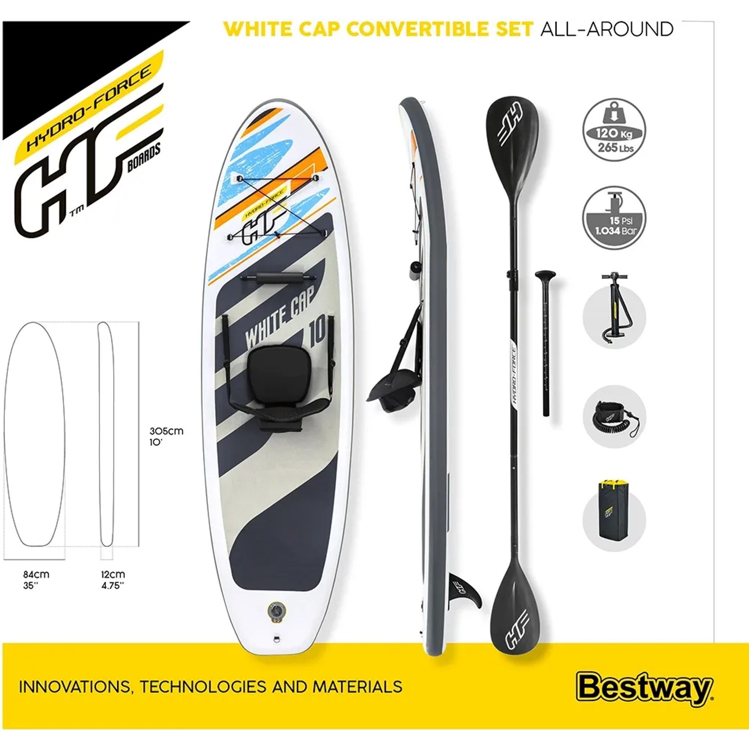 Hydro-Force SUP White Cap Set: Allround Board mit Paddel, Sitz und Pumpe.