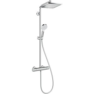 Hansgrohe Crometta E 240 Duschsystem mit Thermostat in Weiß-Chrom, bestehend aus Kopf- und Handbrause.