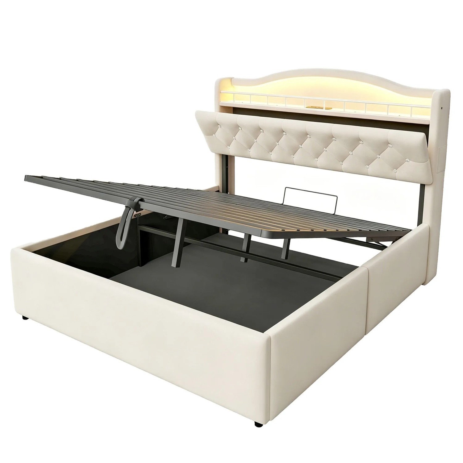 Merax Polsterbett 140x200cm LED USB Hydraulik Beige