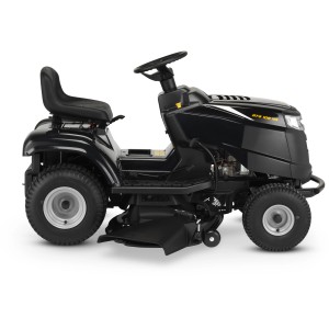 Schwarzer Alpina Rasentraktor AT3 108 HA mit Seitenauswurf und Hydrostatikgetriebe.