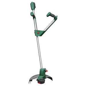 Grün-silberner Bosch Akku-Rasentrimmer UniversalGrassCut 18V-26 mit V-Griff für präzise Rasenpflege.