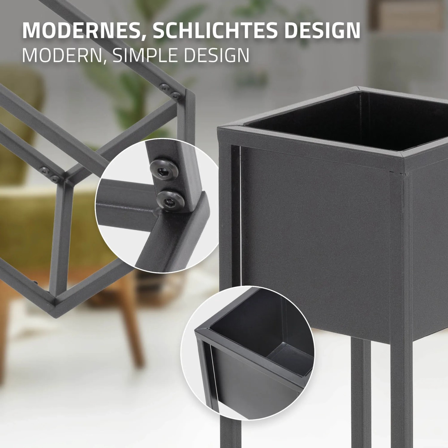 ML-Design Blumenständer 2er Set, schwarz, Metall, Detailansicht von Verbindungen und Topf.