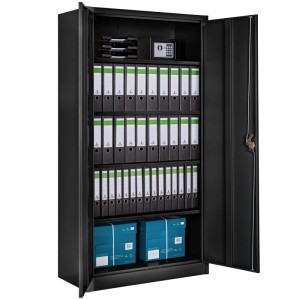 Tectake Aktenschrank 2er Set, schwarz, mit Ordnern, Boxen und kleinem Safe. Stahlschrank mit Flügeltüren.