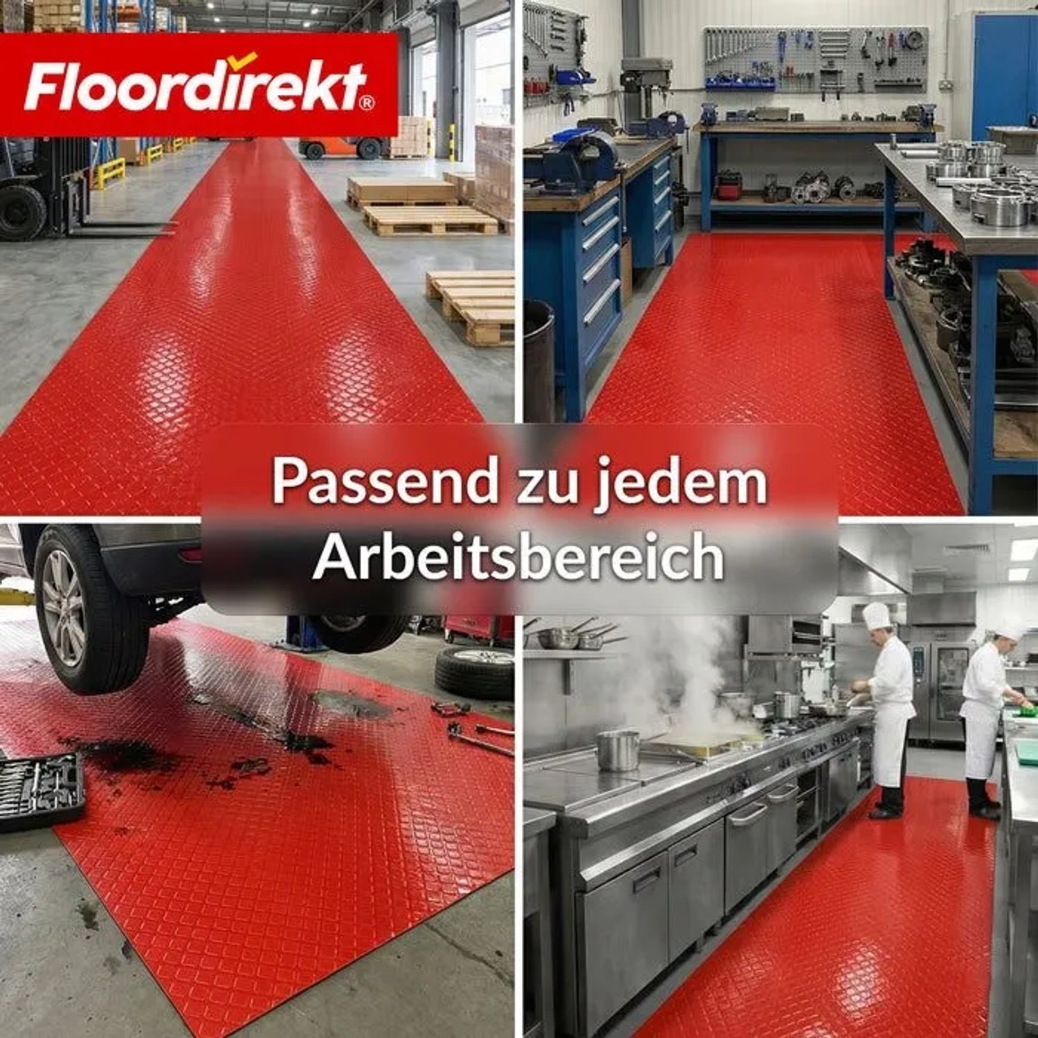 Anwendungsbeispiele: Roter PVC-Bodenbelag mit Quadra-Muster in Werkstatt, Lager und Küche.
