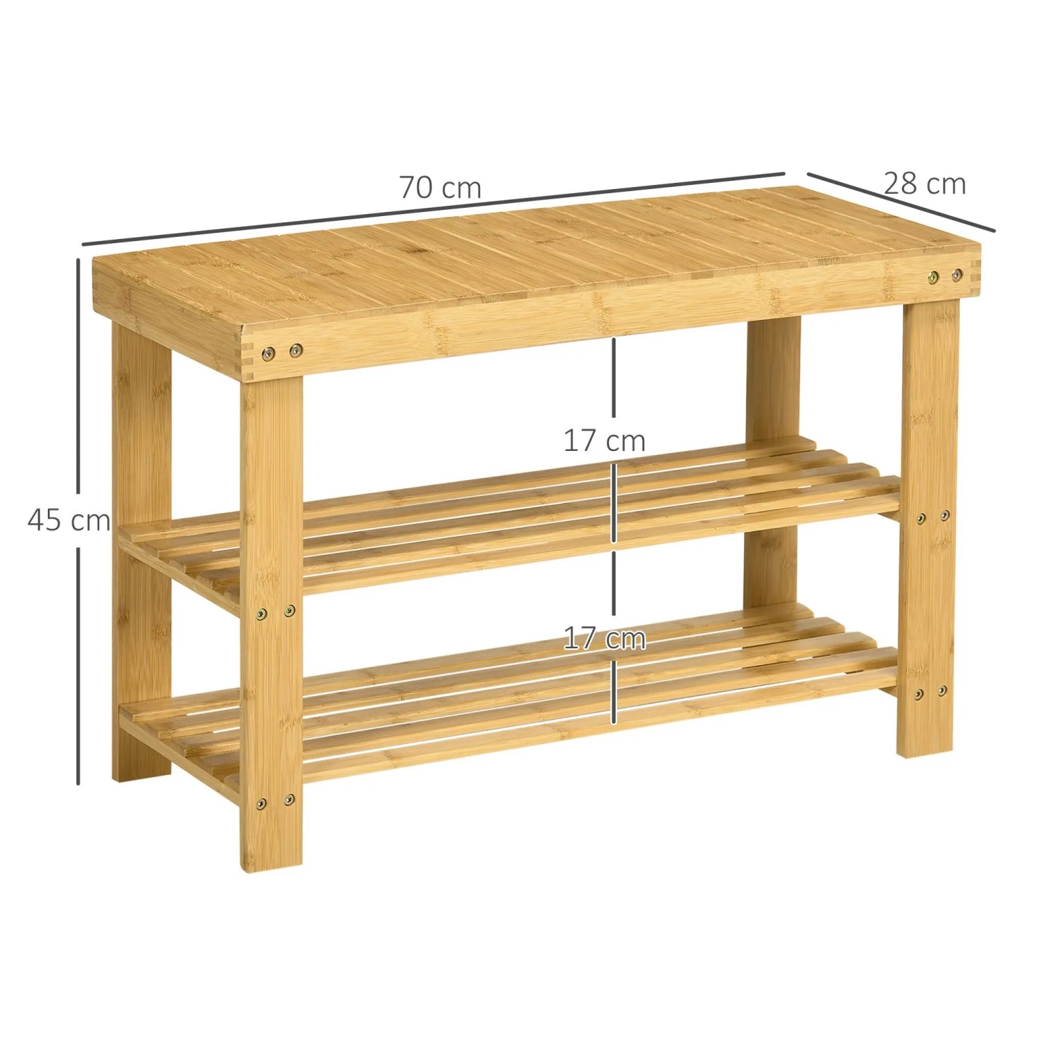 HOMCOM Bambus Sitzbank mit 3 Etagen, Schuhregal, Natur, 70x28x45cm. Perfekt für den Eingangsbereich.