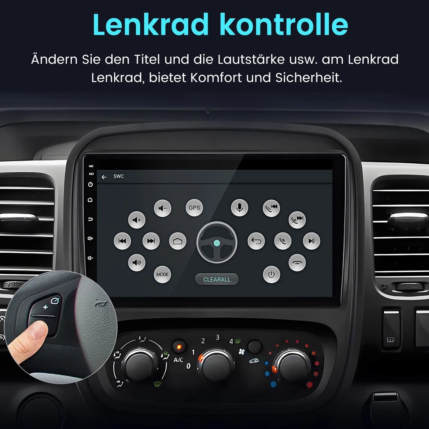Junsun Autoradio im Armaturenbrett, zeigt Lenkradsteuerung für Lautstärke und Titel. Komfortable Bedienung für Renault Trafic/Opel Vivaro.