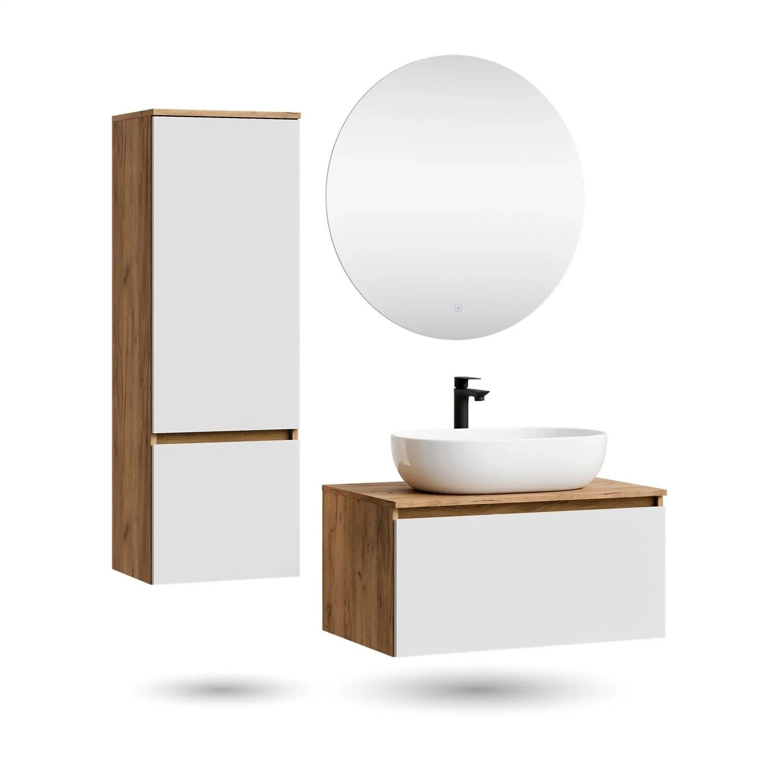 Planetmöbel ARISA Badmöbel Set 80 cm Weiß mit Hochschrank NOVA LED Spiegel und Weißem Keramik Aufsatzwaschbecken 60 cm Soft Close