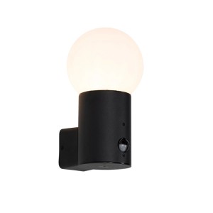Schwarze QAZQA Außenwandleuchte Huma mit Bewegungsmelder und Opalglas. Lampe für den Außenbereich.