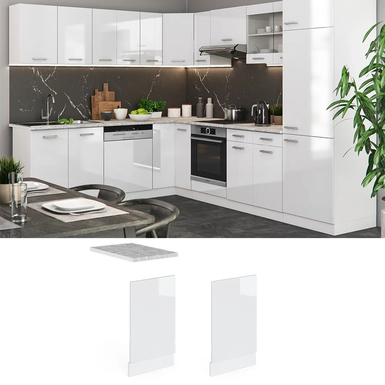 Vicco Frontblende für Geschirrspüler, R-Line, 45 cm, Weiß Hochglanz/Marmor Arbeitsplatte.