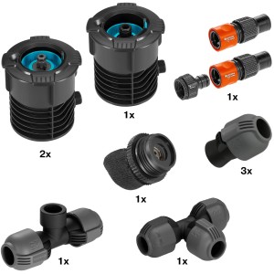 Gardena Start-Set Pipeline: Anschlussdose, Wassersteckdosen, Entwässerungsventil und Zubehör für Sprinkler-Systeme.