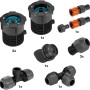 Gardena Start-Set Pipeline: Anschlussdose, Wassersteckdosen, Entwässerungsventil und Zubehör für Sprinkler-Systeme.