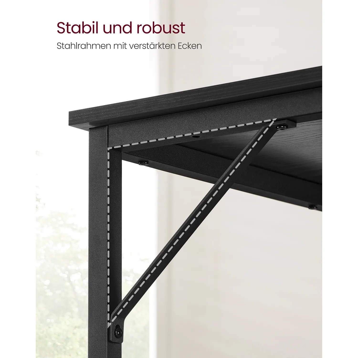 Detailansicht Vasagle Computertisch im Industrie-Design, schwarze Tischplatte und stabiles Metallgestell.