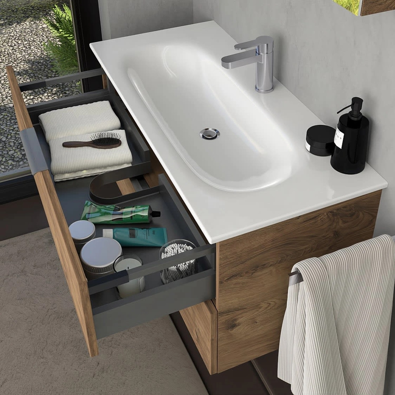 Steinkamp Waschtischunterschrank Living 2.0 Eiche mit GROHE Essence Waschbecken, offene Schublade.