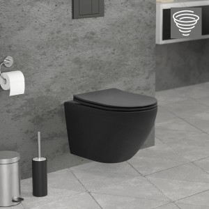 Schwarzes, spülrandloses LuxeBath Wand-WC mit Tornadospülung, kurze Ausführung.