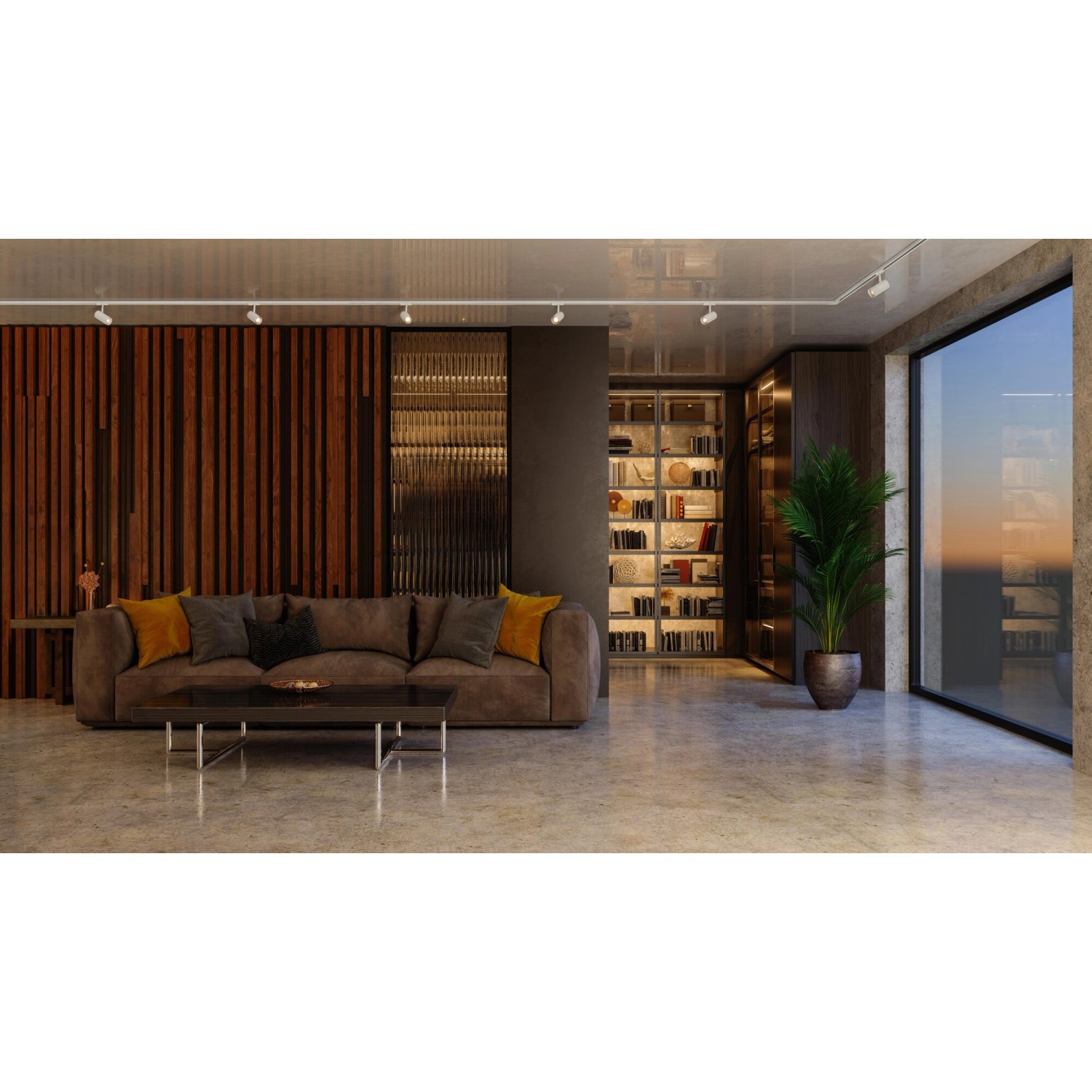 Wohnzimmer mit Ledvance Schienensystem Spot Cylinder in Weiß an der Decke.