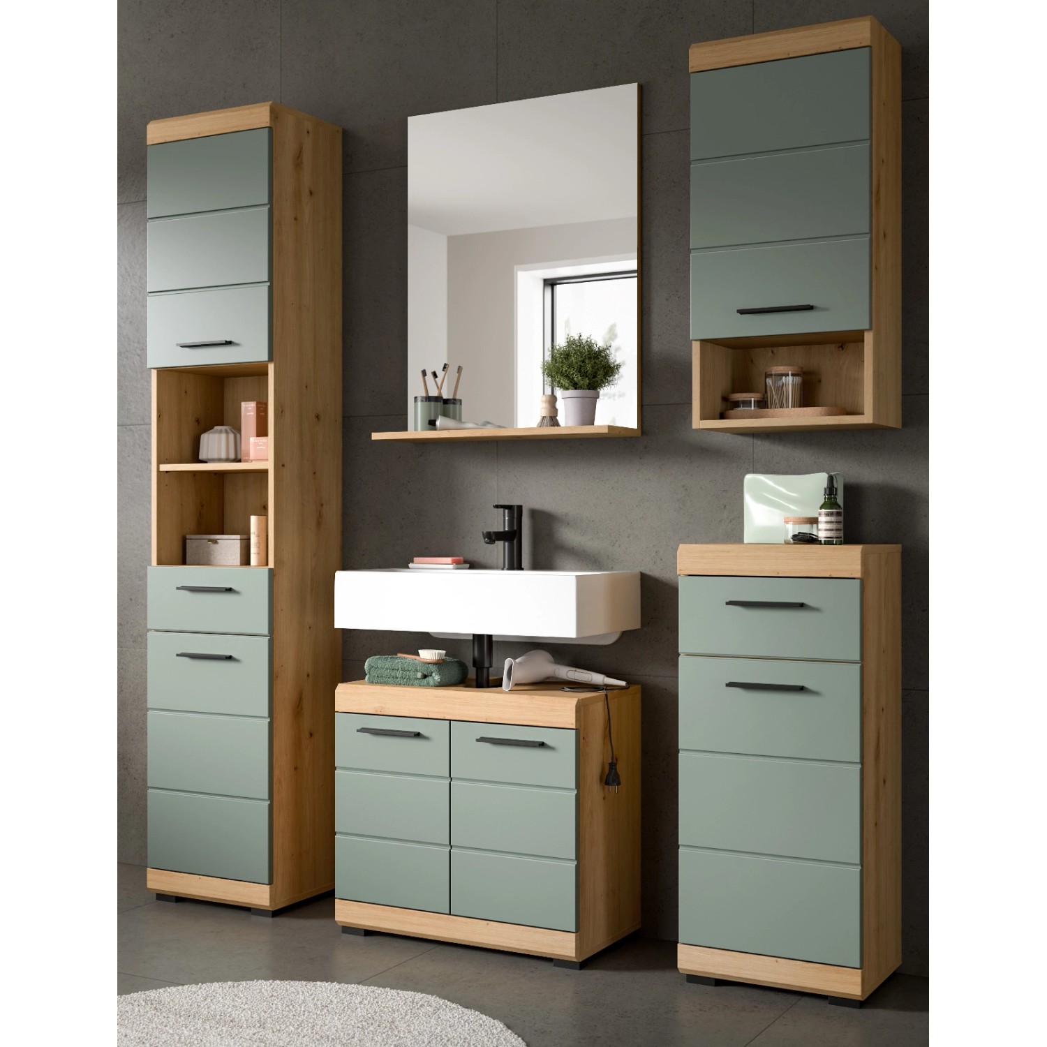 Inn.Furn Badmöbel Set 5-teilig in Grün und Eiche mit Viel Stauraum Shawn günstig online kaufen