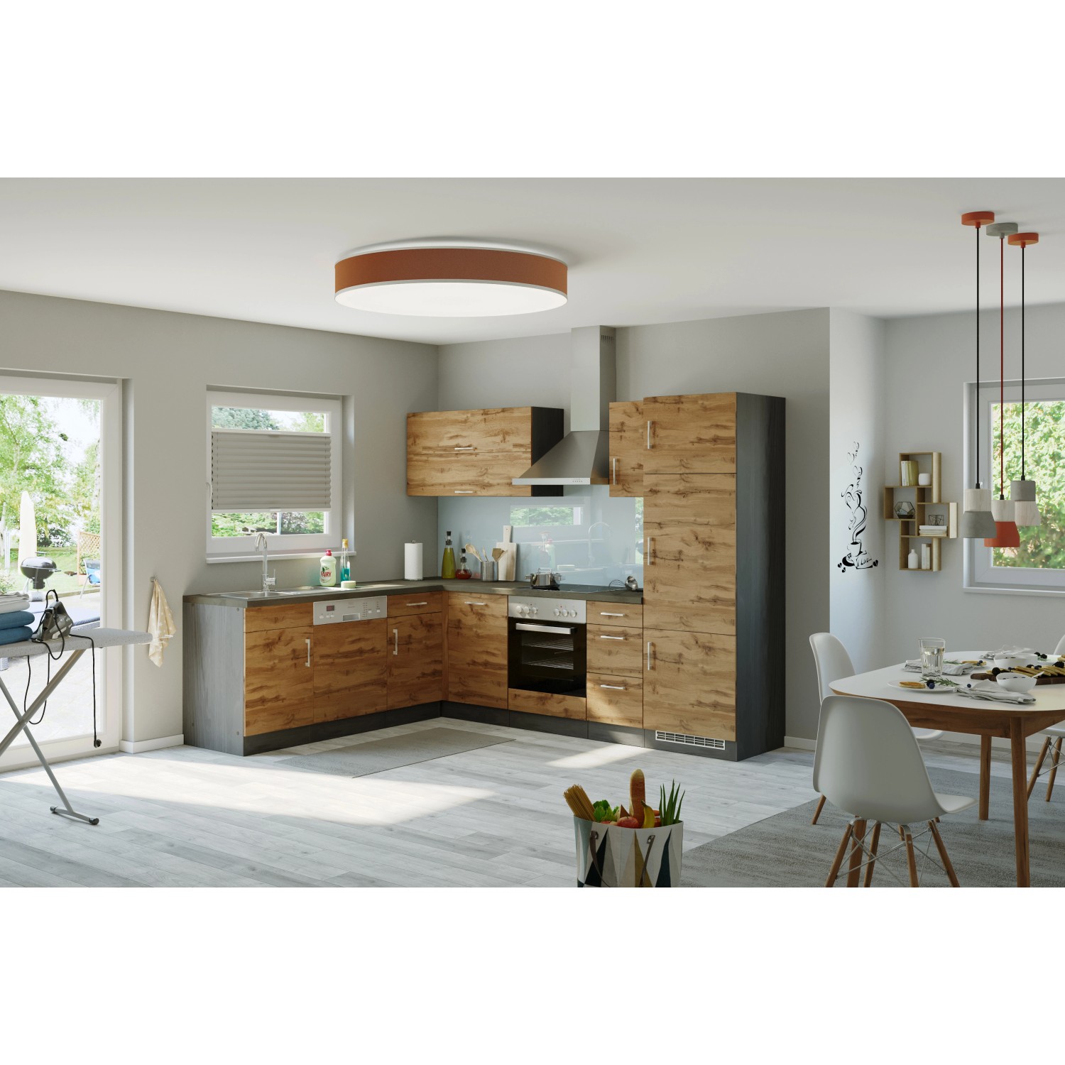 Moderne Winkelküche Sorrento in Wotaneiche-Grafit Optik, ohne Elektrogeräte.