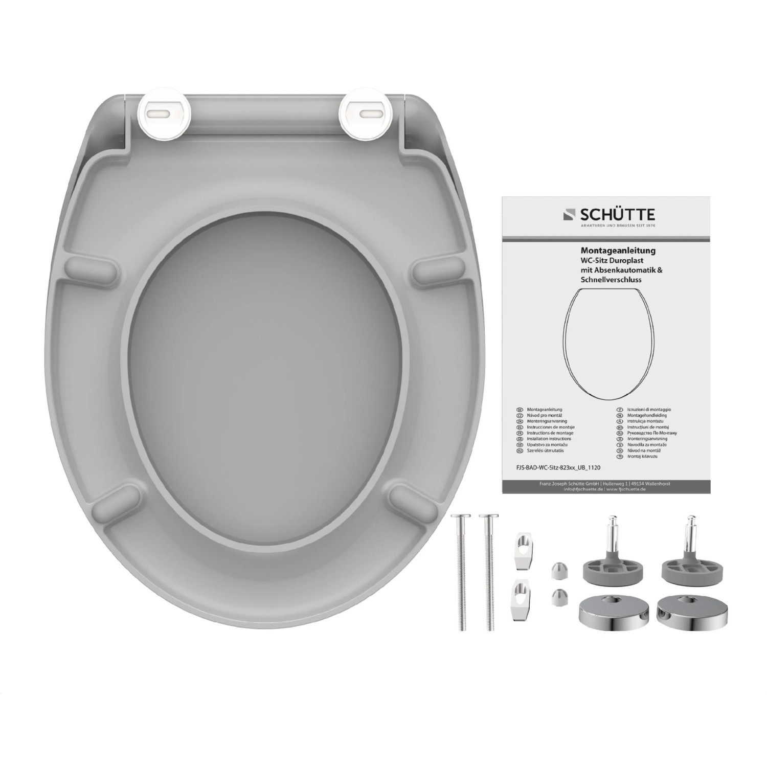 Schütte WC-Sitz Duroplast Grau mit Absenkautomatik und Zubehör für Standard-WCs.