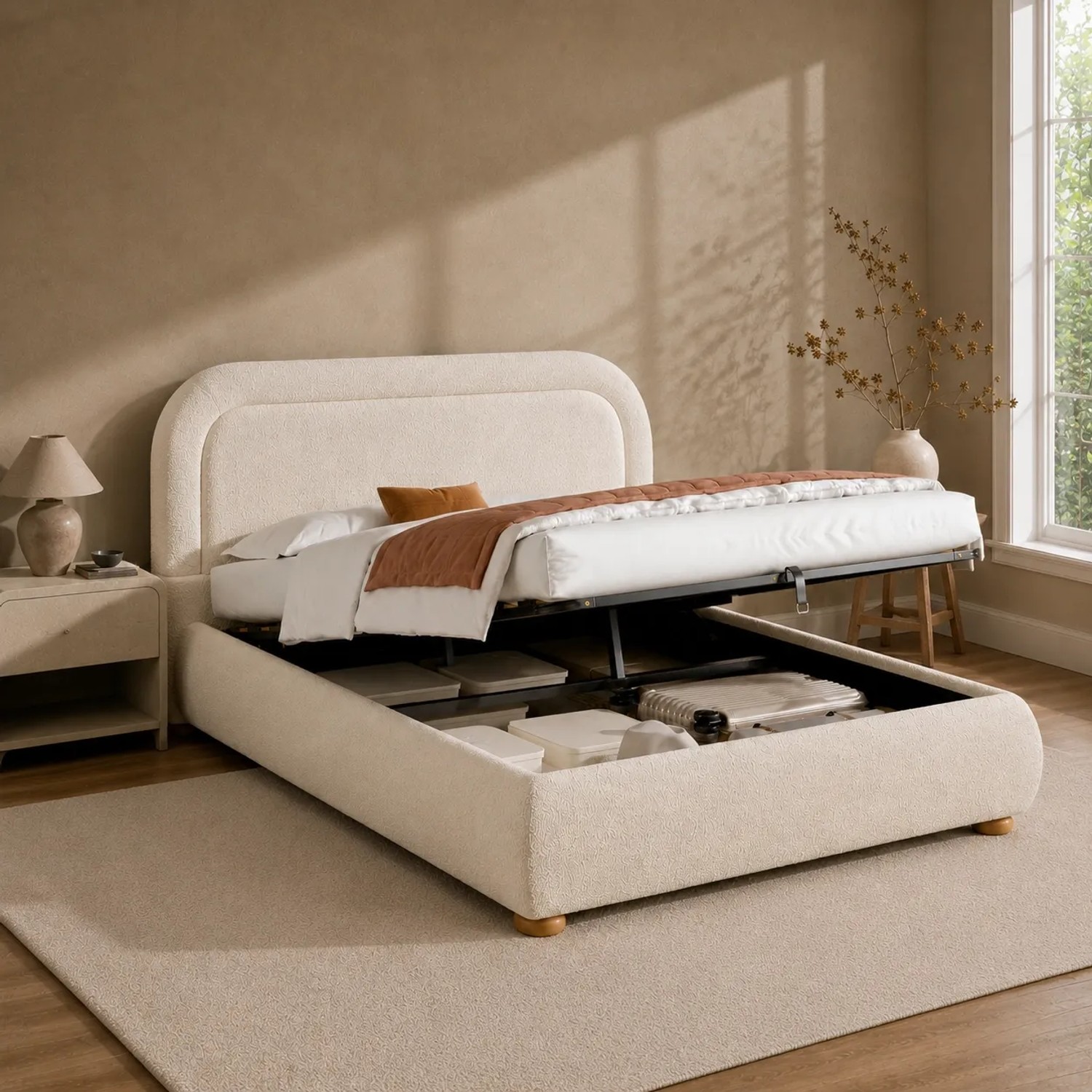 Merax Polsterbett 140 x 200 cm mit Stauraum Lattenrost Bouclé Beige