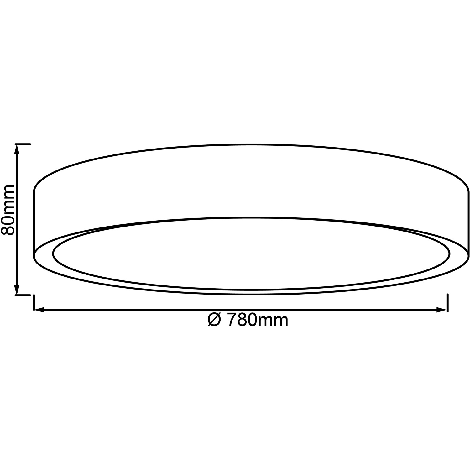 Skizze der runden LED-Deckenleuchte Slimline, Ø 78cm, in Weiß und Schwarz mit Maßangaben.