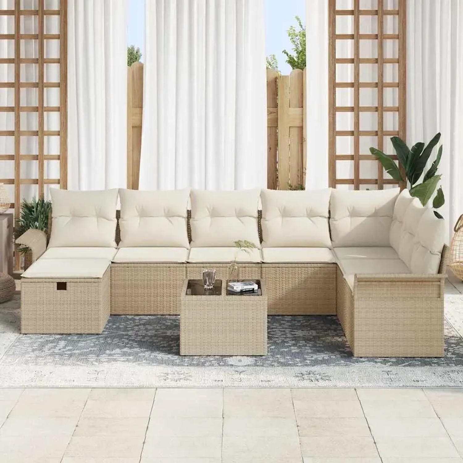 Beiges 9-teiliges vidaXL Garten-Sofa-Set aus Rattan mit Kissen und Tisch.