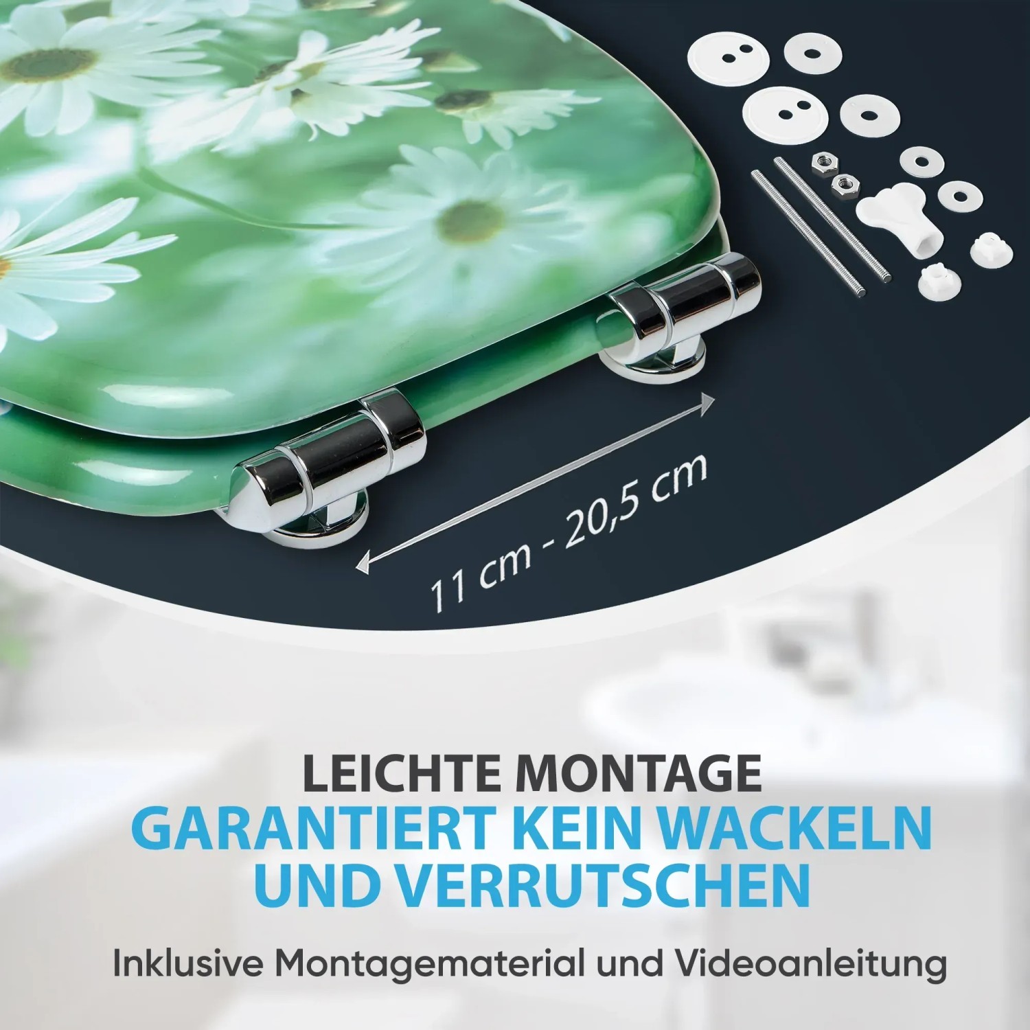 Sanilo WC-Sitz Margeriten mit Absenkautomatik, Holzdeckel mit Blumenmuster und Montagezubehör.