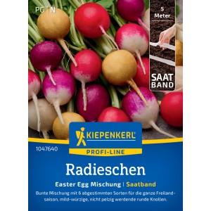 Kiepenkerl Radieschen Easter Egg Mix Saatband mit bunten Radieschen in Rot, Lila, Gelb und Weiß.