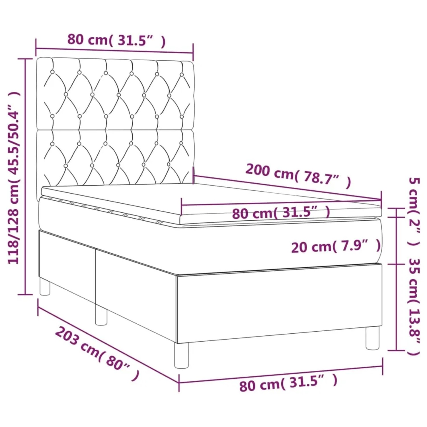 vidaXL Boxspringbett dunkelbraun (80x200 cm) mit Matratze und Kopfteil. Bett aus Stoff mit Knopfheftung.