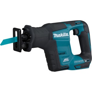 Makita Akku-Reciprosäge DJR188Z, Fuchsschwanzsäge in Schwarz/Türkis mit eingesetztem Sägeblatt.