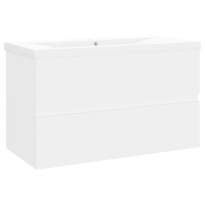 Weißer Waschbeckenunterschrank aus Holzwerkstoff mit integriertem Keramikbecken und zwei Schubladen.
