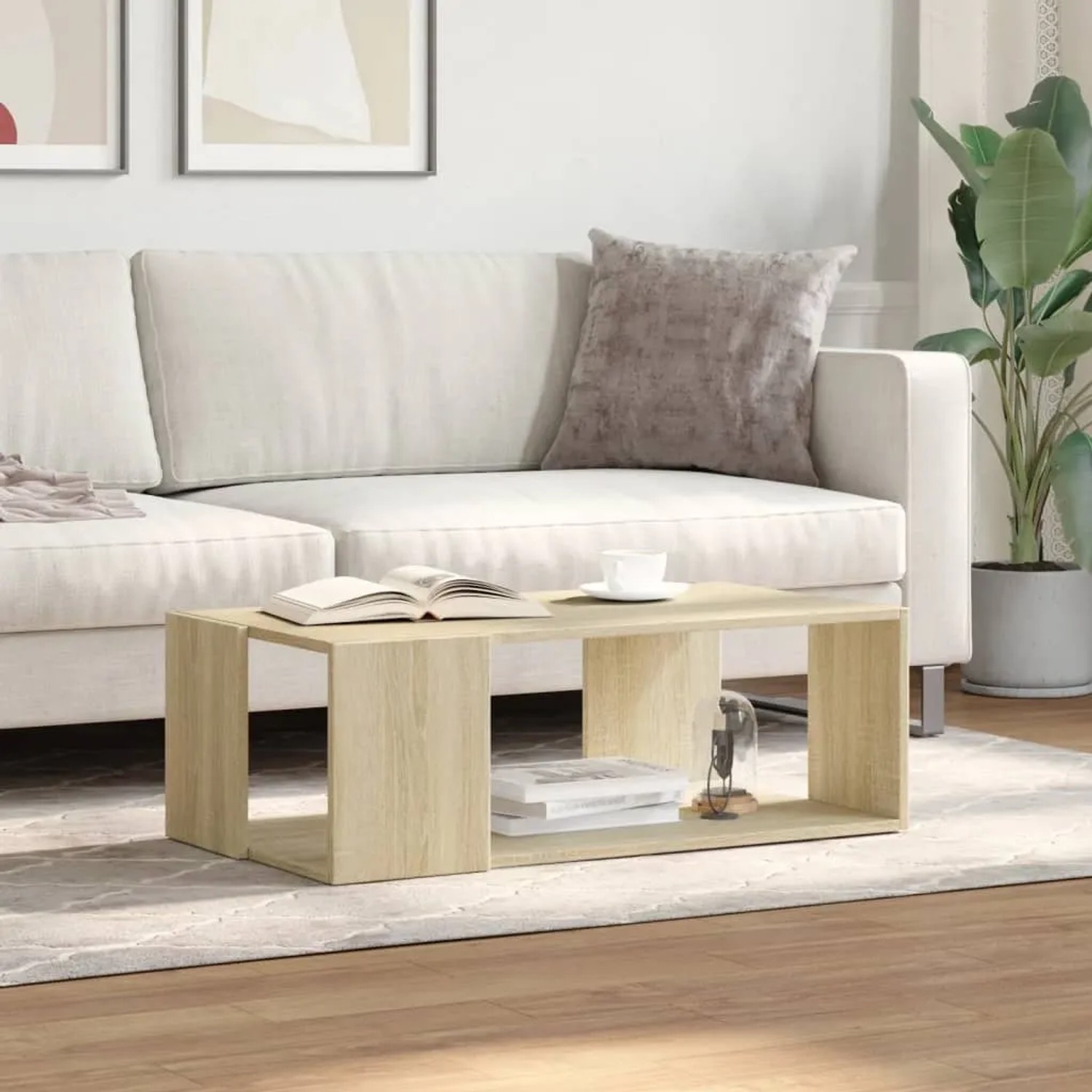 Rechteckiger Couchtisch Sonoma-Eiche (89,5x48x30 cm) aus Holzwerkstoff mit Ablagefächern.