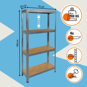 OBI Metall-Schwerlast-Steckregal verzinkt, 148x75x30 cm, 4 variable MDF-Böden, 700 kg Tragkraft.