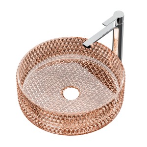 Rundes Emke Aufsatzwaschbecken aus roségoldenem Glas mit Armatur, modernes Design für Bad oder Gästetoilette.