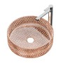 Rundes Emke Aufsatzwaschbecken aus roségoldenem Glas mit Armatur, modernes Design für Bad oder Gästetoilette.