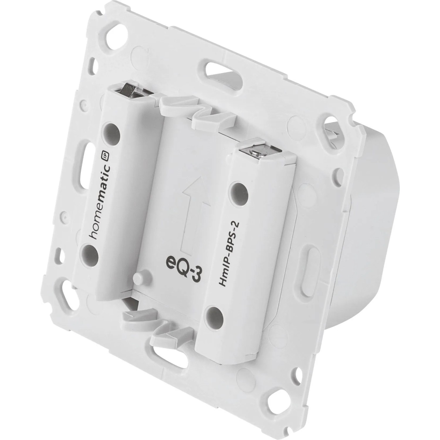Homematic IP Netzteil für Markenschalter, weiß, Rückseite mit Montageplatte. Smart Home Stromversorgung für 55mm-Gehäuse.