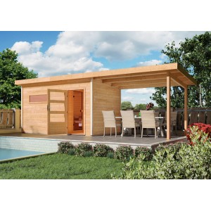 Karibu Saunahaus Hendrik mit Anbaudach aus naturbelassener Fichte, inklusive Terrasse mit Sitzgruppe.