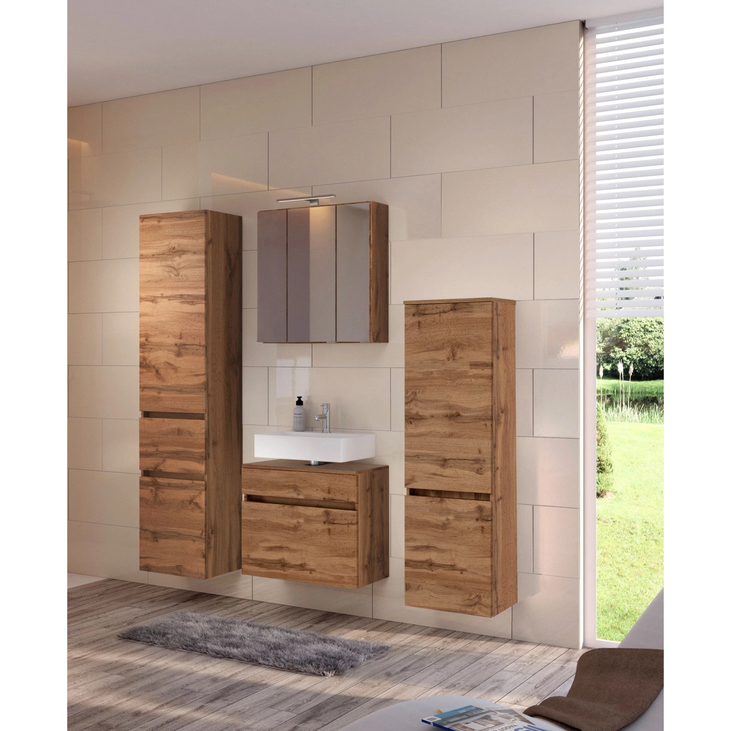 Held Möbel 3D-Spiegelschrank Verona 60 cm in Wotaneiche mit LED-Leuchte im Badezimmer.