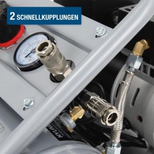 Nahaufnahme des HYUNDAI Silent Kompressors mit zwei Schnellkupplungen und Manometer. Präzise Druckkontrolle für 8L Kompressoren.