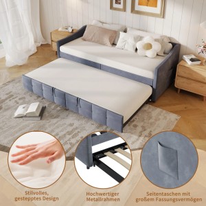 Graues Schlafsofa mit Ausziehfunktion zum Bett 90/180x200cm mit Seitentaschen.